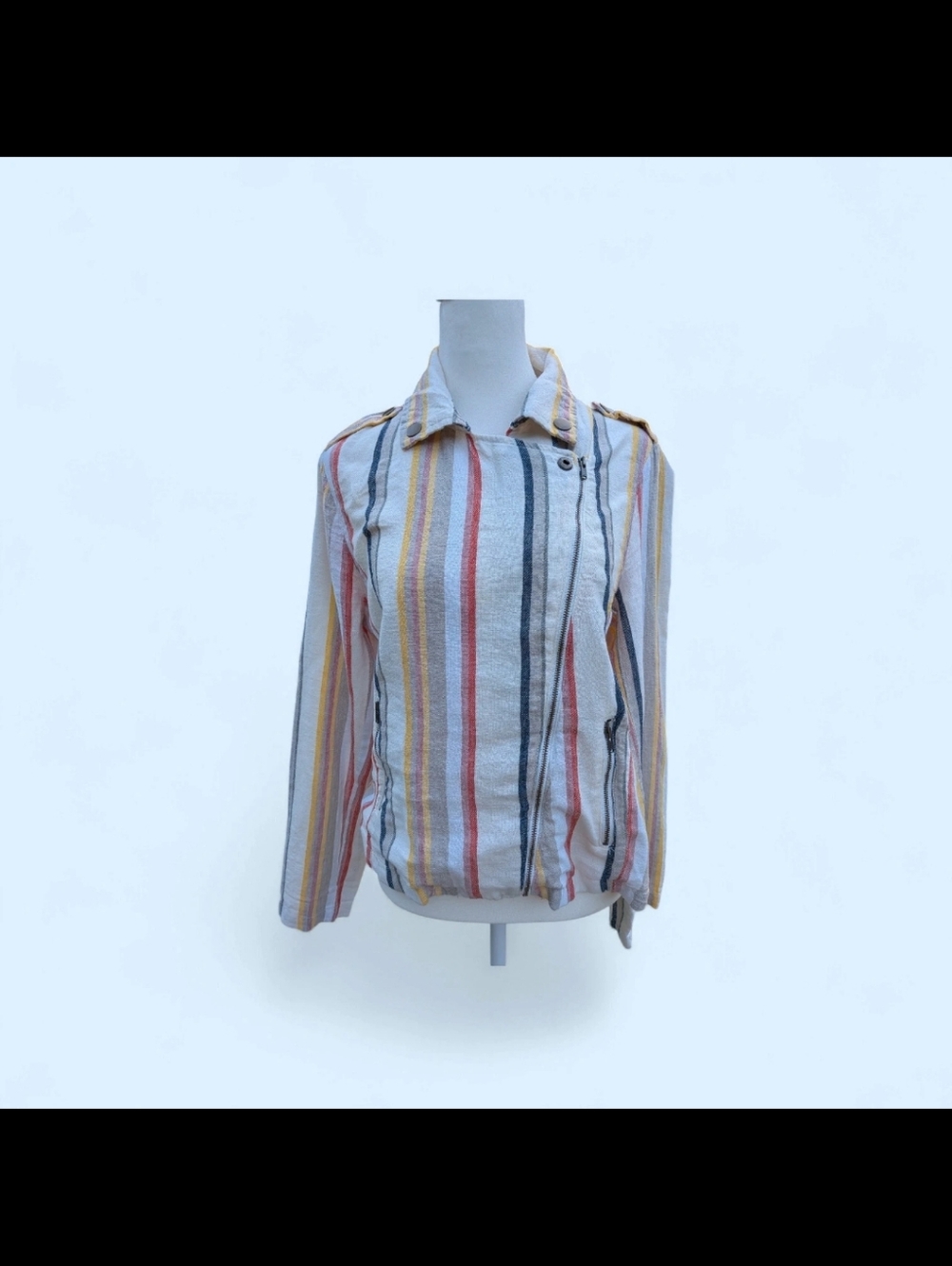 Striped Multicolor Linen Lightweight Shirt Jacket W/Zip Pockets, Sz M